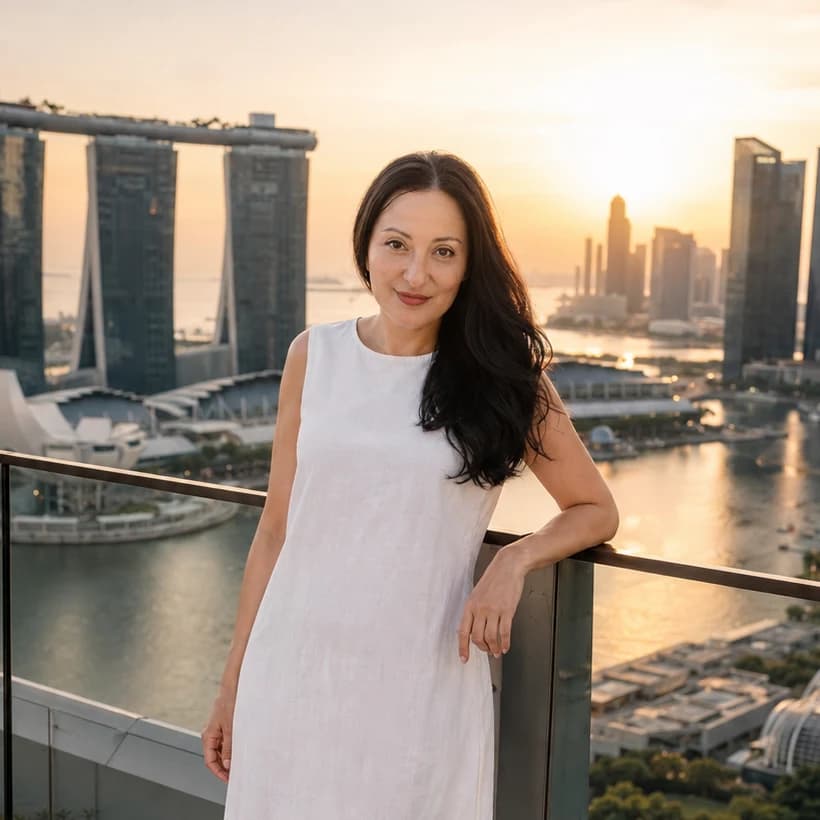 A. J. Thoresen on a rooftop terrace above Marina Bay, Singapore, at sunset